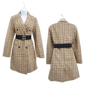 Women's Double Breasted Plaid Coat, Nasty Gal, Tan, Size M, New